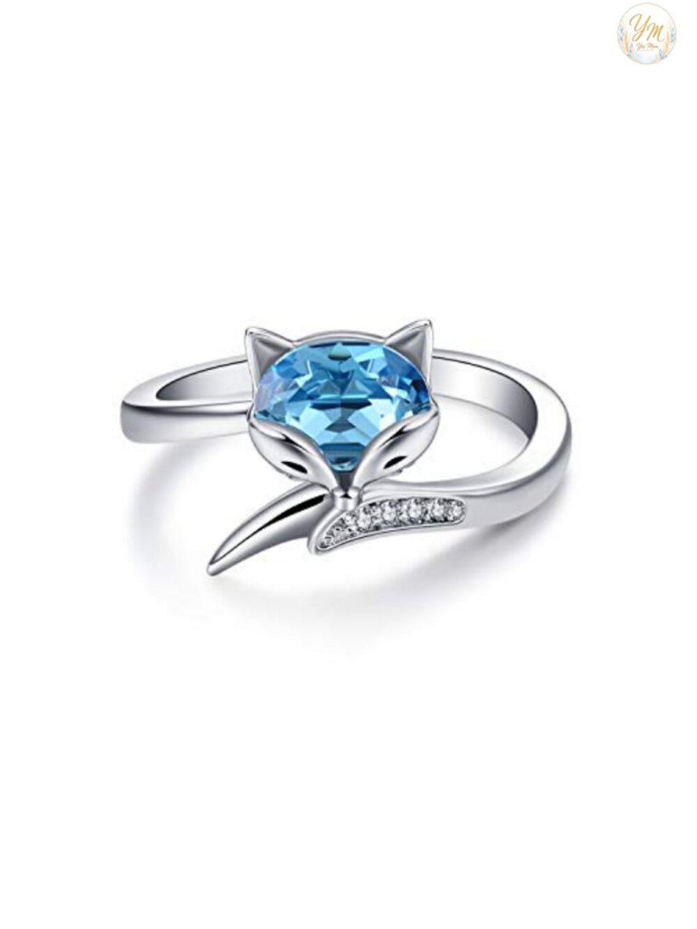 Sterling Silver Fox Ring Adjustable Open Simulated Aquamarine Crystal